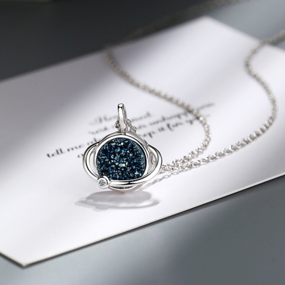 *NEW 925 Sterling Silver Druzy Planet Necklace - Picture 1 of 8